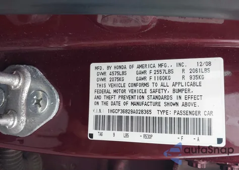 2009 Honda Accord 3.5 Ex-L from USA, damaged, VIN 1HGCP36829A028365